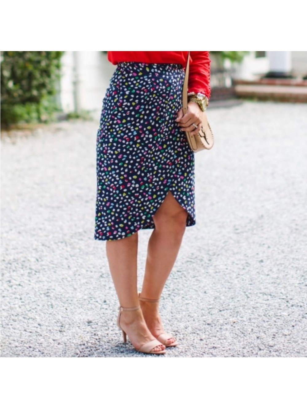 J. Crew multi color polka dot faux wrap skirt | size 10